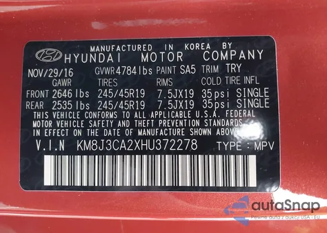 2017 Hyundai Tucson Limited z USA, uszkodzony, nr VIN KM8J3CA2XHU372278